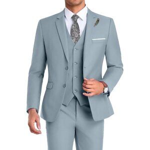 Men's Notched Lapel  Blue Grey Groomsmen Slim Fit 3 Pieces Suit for Wedding